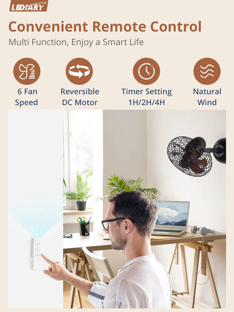 No Frills Remote Wall Mount Fan 10 Inch Compact With Plug In Cord Six Speeds Adjustable Tilt Reversible DC Motor Timer 1H 2H 4H Ideal For Garage Shop Office Bedroom Gym Walnut Finish installed above desk