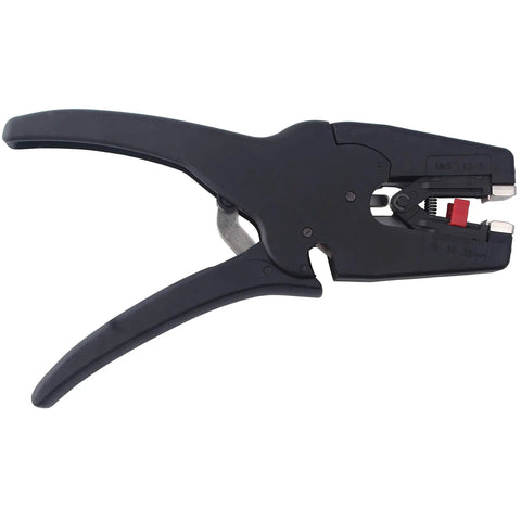 Automatic Wire Stripper And Cutter 2-In-1 Tool With Auto Distance Positioning for Electricians, black plastic, side view.