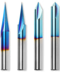 CNC Wood Carving Router Bit Set With 1/4 Inch Shank - 4 Piece, Pro Grade Tungsten Carbide Bits With Nano Blue Coating, variety of bit angles
