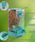 Slick Gravity Feed Bird Feeder Two Pack Clear Acrylic Seed Jar With Hassle Free Drop System And Easy Rinse Basin Keeps Cage Spotless For Budgies And Lovebirds In Bright Blue with food drawer and adjustable baffles.