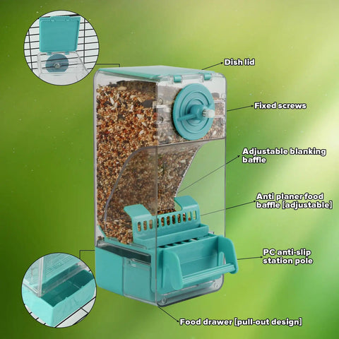 Slick Gravity Feed Bird Feeder Two Pack Clear Acrylic Seed Jar With Hassle Free Drop System And Easy Rinse Basin Keeps Cage Spotless For Budgies And Lovebirds In Bright Blue with food drawer and adjustable baffles.