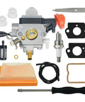 Stihl KM131R FS131 Carburetor Kit With Air Filter Spark Plug Gasket Fuel Line Fuel Filter And Repair Kit components displayed