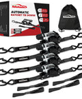 Heavy Duty Self Retracting Tie Down Straps 1 Inch By 12 Feet With Soft Loops, 1500 Pound Break Strength, Four Pack displayed with bag