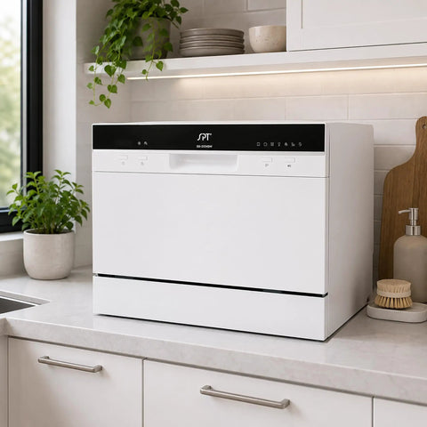 Hassle Free Countertop Dishwasher With Stainless Steel Tub And Delay Start For Small Apartments And Condos Quick Plug In Portable Washer With Smart Screen and Six Place Settings on kitchen counter.