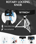 Saddle Drum Throne Seat With Swivel Adjustable Padded Drum Stool Heavy Duty Motorcycle Style Widened Drum Chair for Comfortable Long Sessions includes 5A Drumsticks showing rotary locking knob and tripod base.
