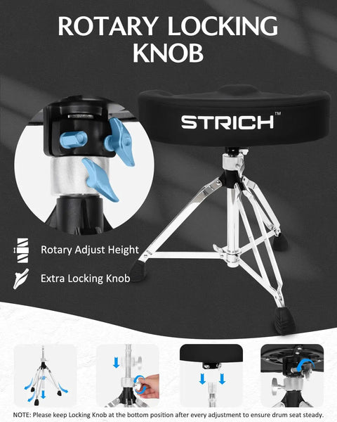 Saddle Drum Throne Seat With Swivel Adjustable Padded Drum Stool Heavy Duty Motorcycle Style Widened Drum Chair for Comfortable Long Sessions includes 5A Drumsticks showing rotary locking knob and tripod base.