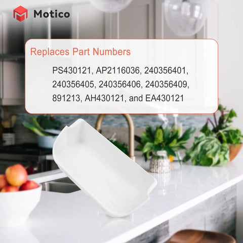 Two Pack Upgraded Fridge Door Bin Replacement Easy Install Heavy Duty ABS Plastic Shelf Bin For 15.38 Inch By 6.69 Inch By 5 Inch Fridge Door Shelves Fits FFSS2614QE6A FFSS2614QS4A FFHS2611PFEA FFHS2611LBPA AP2116036 PS430121, shown on kitchen counter.