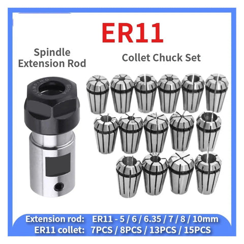 Solid One Set Er11 Collet Chuck Shaft Extension Rod For Milling Lathes And CNC Cutters with ER11 collets and spindle rod.