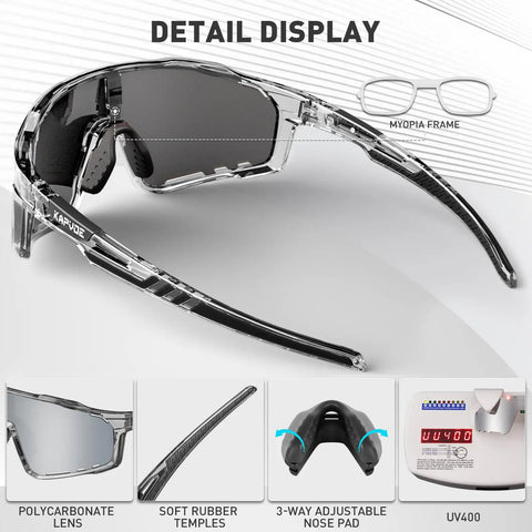 Polarized Cycling Glasses for Men and Women with 3 Interchangeable Lenses, UV400 Protection, TR90 Frame, detail display.