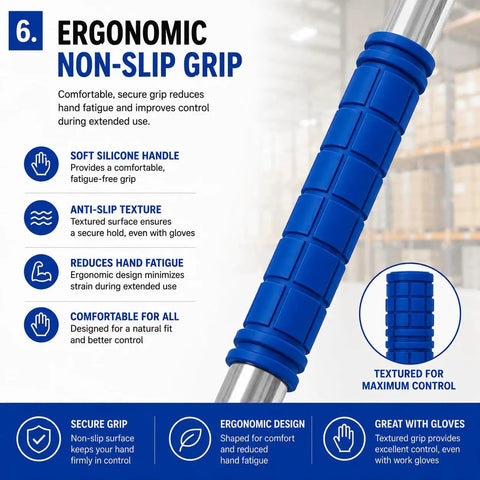 Heavy Duty 48 Inch Stretch Film Dispenser Pole Holder Long Handle For Easy Pallet Wrapping Back Saver Workhorse Ergonomic Tool Fits 12 To 20 Inch Film Rolls With 1.5 To 3 Inch Core Ideal Warehouse Packaging, blue non-slip grip