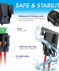Heavy Duty 12AWG Waterproof Inline ATO ATC Blade Fuse Holder With Secure Cover For Cars Trucks And Boats Comes Loaded With Six 30A Fuses And Twelve Heat Shrink Butt Connectors For Badass Under The Hood Electrical Shield, showing waterproof locking cover and 12 AWG wire.
