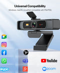 Lock In With This Crisp 4K Ultra HD Webcam Featuring A Broad 120 Degree Wide Angle Lens, showing universal compatibility with social media icons.
