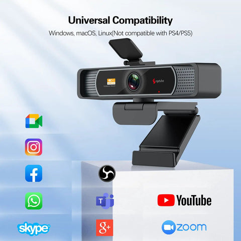 Lock In With This Crisp 4K Ultra HD Webcam Featuring A Broad 120 Degree Wide Angle Lens, showing universal compatibility with social media icons.