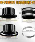 Product dimensions of Rock Solid 4 Inch Magnetic Dust Collection Quick Connect Kit showing sizes of components and hose clamps.