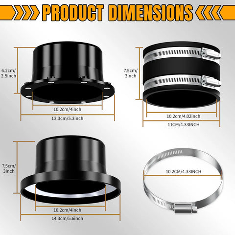 Product dimensions of Rock Solid 4 Inch Magnetic Dust Collection Quick Connect Kit showing sizes of components and hose clamps.