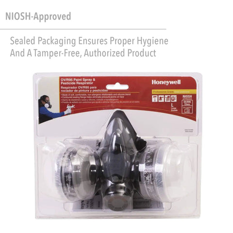 Sealed package of reusable half mask respirator for paint spray and pesticides with OV cartridges and R95 filters, large size