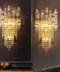 Brass Wall Sconce With Crystal Strings And Glass Bars Dimmable Two Layer Light Head Adjustable Beam Lit