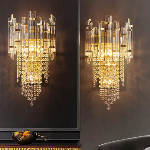 Brass Wall Sconce With Crystal Strings And Glass Bars Dimmable Two Layer Light Head Adjustable Beam Lit