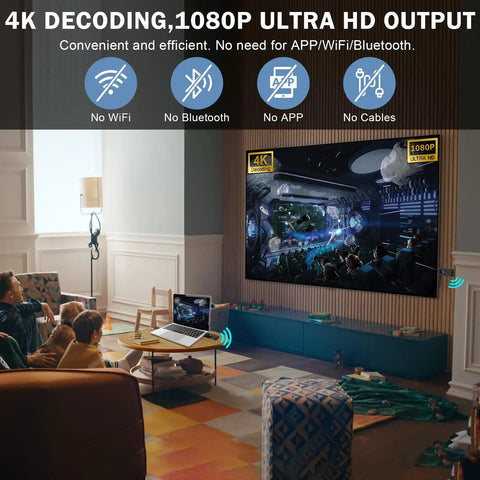 Living room setup with Wireless HD Transmitter And Receiver With 4K Decode 1080P Output streaming to a large TV, no cables visible.