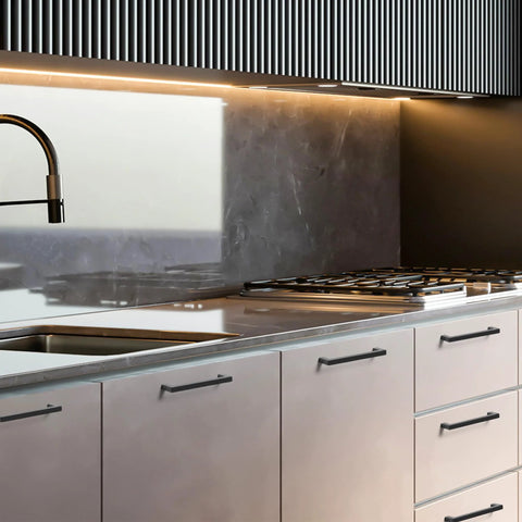 Matte Black Cabinet Pulls 25 Pack, 5.5 Inch Length With 5 Inch Hole Spacing installed on kitchen drawers and doors
