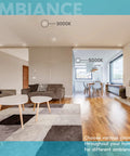 Living room with Ultra Thin 6 Inch LED Recessed Light Kit With 14W Dimmable Wet Rated Wafer Lights, warm and cool tones