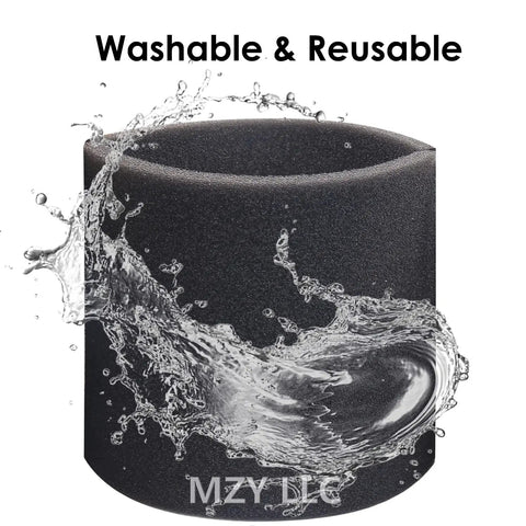 Three Pack Foam Sleeve Filter Replacements For Wet Dry Vacs 5 Gallon And Up Compatible With Vacmaster Genie And Shop Vacuums VF2001 Foam Filters For Your Vacuum Cleaner shown with water indicating washability.