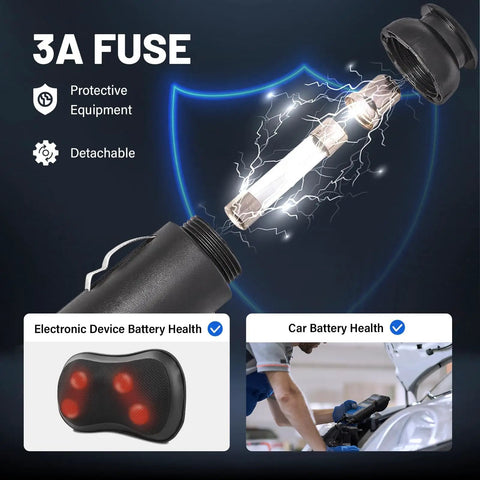 3A fuse for Ready To Roll 12 Volt Car Charger Adapter with extra long power cord cable for Snailax Comfier back massage cushion.