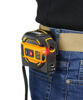 2 Pack Drill Holder Clip For Tool Belt With Quick Release attached to belt holding a measuring tape