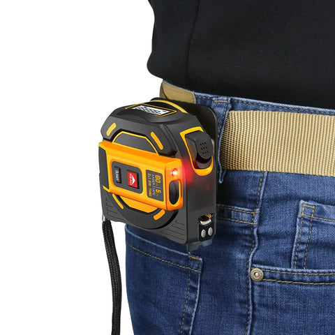 2 Pack Drill Holder Clip For Tool Belt With Quick Release attached to belt holding a measuring tape
