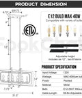 Diagram of Rustic Farmhouse Chandelier For Dining Room Six Light Wood Pendant with dimensions and bulb specifications.