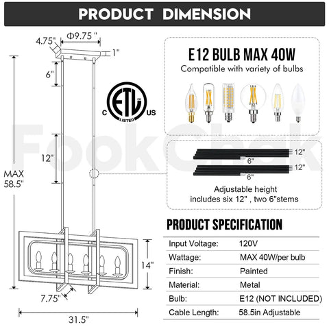 Diagram of Rustic Farmhouse Chandelier For Dining Room Six Light Wood Pendant with dimensions and bulb specifications.