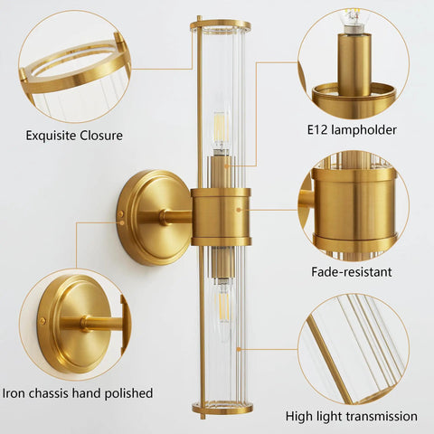 Gold Aluminum Wall Sconce With Cut Glass Shade, Up And Down Lighting, Modern Vanity Light For Bathroom Mirror, Hallway, And Living Room, Durable Indoor Wall Fixture That Evokes Elegant, Contemporary Style with focus on lamp components and finish details