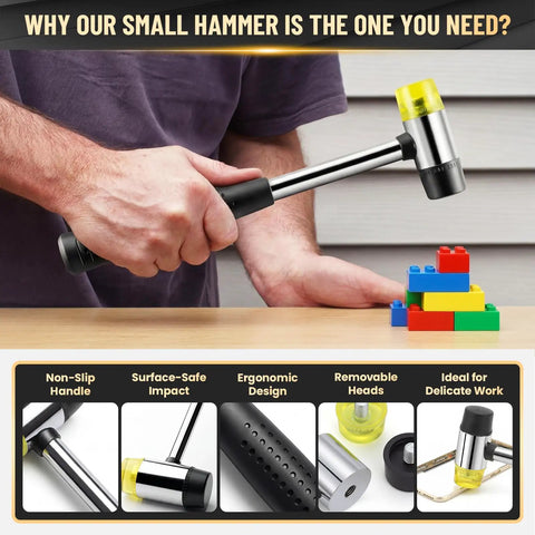 Person using 25mm Double-Faced Rubber Mallet Hammer With Soft Non-Marring Heads, Lightweight And Shockproof, Non-Slip Grip, Scratch-Free Tool For Jewelry Making, Leather Craft, Flooring, Tile, And DIY on building blocks.