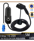 Portable Level 2 EV Charger With J1772 Plug, 32A, 7.2kW, 1 Phase, Adjustable Current, 5 Meter Cord displayed