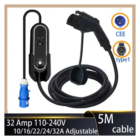 Portable Level 2 EV Charger With J1772 Plug, 32A, 7.2kW, 1 Phase, Adjustable Current, 5 Meter Cord displayed