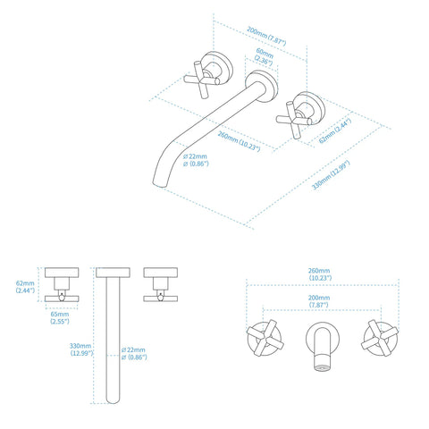 Diagram of Wall Mounted Tub Filler Faucet With Two Handles, Brushed Nickel Finish, Extra Long 13 Inch Spout, Brass Rough In Valve.