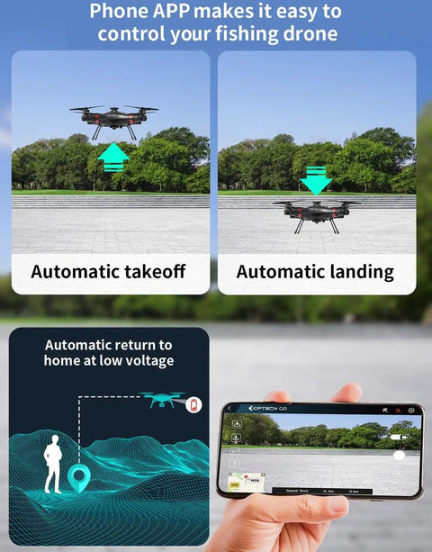 Phone app controls for Beast Of A Heavy Lift Fishing Drone With 3 Kg Payload And Bait Release, showing automatic takeoff and landing