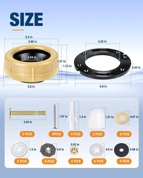 Top Shelf Toilet Flange Repair Kit With Extra Thick One Point Five Seven Inch Wax Ring showing dimensions and included parts.
