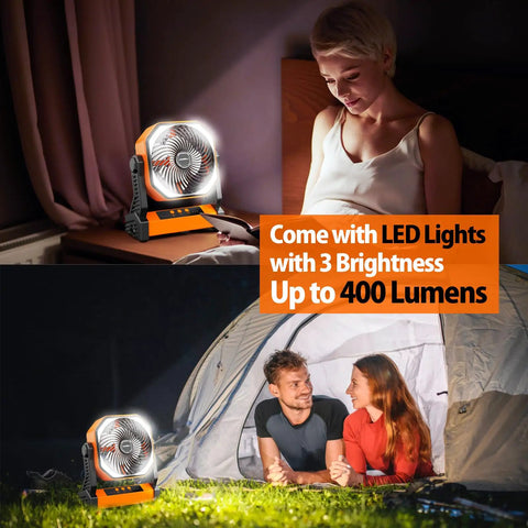 All Day Camping Fan With 20000mAh Battery, 58 Hour Run Time, Rechargeable Portable Fan And 400 Lumens Light next to a tent
