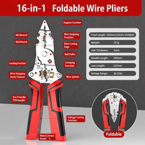 16 In 1 Wire Stripper Twister Pliers With Built In Voltage Tester All In One Electrical Tool, foldable design, features labeled