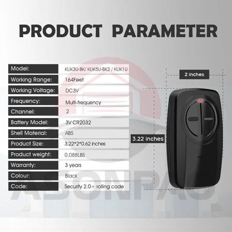 Universal All In One Garage Door Opener Remote For LiftMaster Chamberlain Sears Craftsman shown with specifications chart