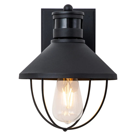 Outdoor Wall Light With GFCI Outlet, 2 Pack, Motion Sensor, Dusk To Dawn, metal barn style sconce with visible bulb and sensor