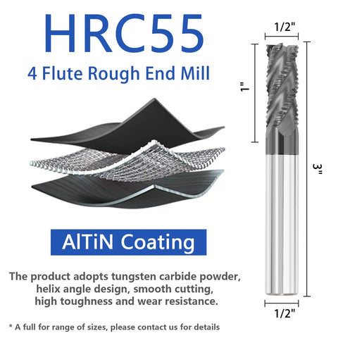 One Half Inch Tungsten Carbide Roughing End Mill Set, Four Flute Square End Mills With AlTiN Coating, CNC Milling Bits