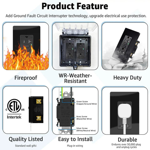 Product features of 20 Amp GFCI Outlet Weather Resistant Receptacle Kit with Screwless Wall Plate, fireproof and durable design.