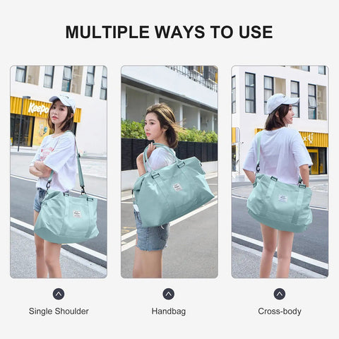 Large Duffle Bag For Women With Six Interior Pockets And Two Exterior Compartments Water Resistant Weekender tote in use outdoors