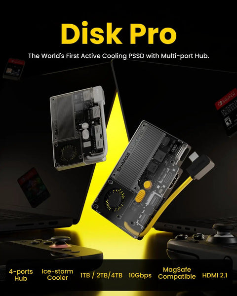 All In One Portable 1TB SSD With Active Cooling Fan And Built In 4 Port Hub HDMI 2 1, 10 Gbps Cable, Magnetic External Solid State Drive For MacBook PC And More White shown with transparent casing and active cooling system.