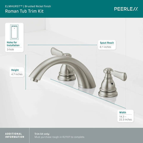 Elmhurst Roman Tub Trim Kit PTT4365-BN Brushed Nickel, 3-hole 2-handle bath faucet, ADA compliant, above-deck adjustability