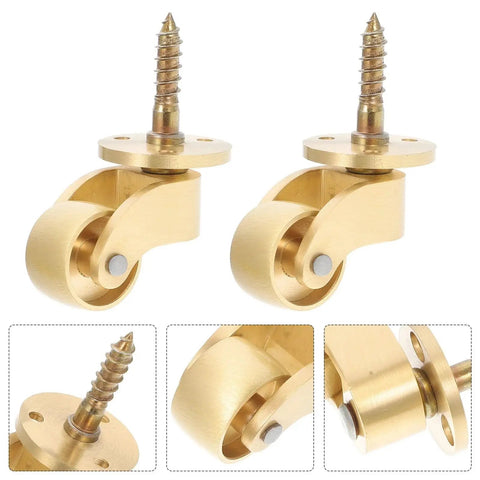Heavy Duty Brass Caster Wheels Set For Furniture, Silent Universal Stem Casters, 2 Pack, shown with smooth brass finish