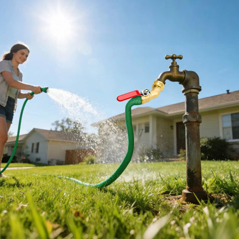Heavy Duty Full Flow Ball Shut Off Valve With Long Handle In Thick Solid Brass Three Quarter Inch GHT Garden Hose Valve For Outdoor Faucets Lawn Irrigation Car Wash 360 Degree Swivel Anti Kink Design on outdoor faucet with hose