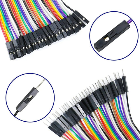 Colorful Breadboard Jumper Wires Kit 120 Pcs 40 Pin Dupont Cables M-F M-M F-F 10 15 20 30 40 Cm close-up of connectors